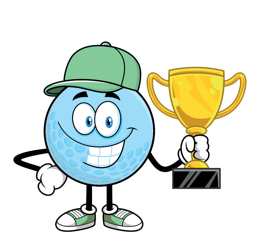 Blue golf ball cartoon character holding a gold trophy and smiling